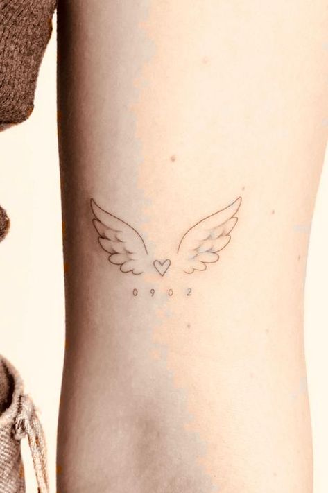 Subtle Angel Tattoo, Finger Wing Tattoo, Minimal Memorial Tattoo, Angle Wing Tattoos For Women, Angel Baby Tattoo Ideas, Tattoo Places For Women, Angle Tattoo Design, Angel Wings Initial Tattoo, Angle And Devil Tattoos