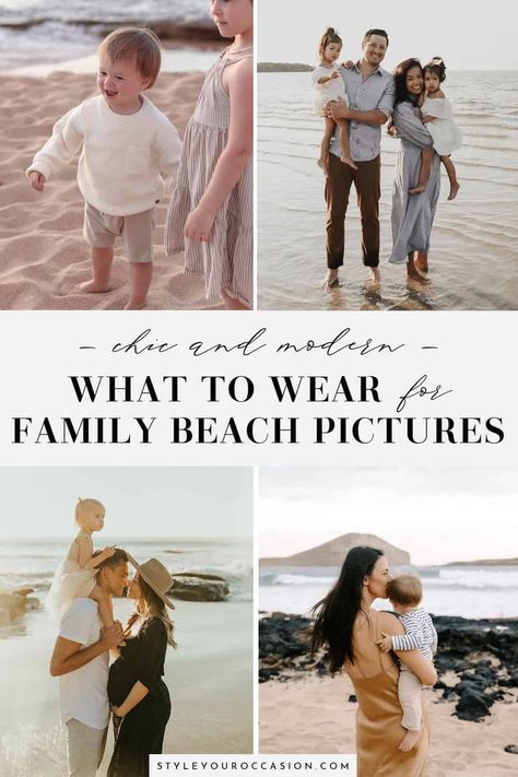 Wondering what to wear for beach family pictures? Get modern family beach pictures outfits to wear in the summer or for a winter getaway to somewhere warm. See beautiful color combos, neutral ensembles, pastel green, blue, pink, as well as simple white and black ideas! Go casual with jeans, or formal with dressy clothing! Blue White And Khaki Family Photo, Family Photo Beach Outfits Color Schemes, Beach Pictures Outfits, Beach Family Photos Outfits, Family Beach Pictures Outfits, Fall Beach Outfits, Beach Family Pictures, Beach Color Schemes, Beach Photoshoot Family