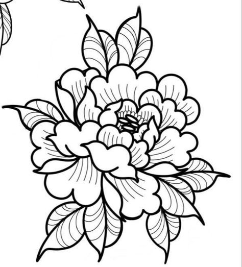 Linework Peony Tattoo, Line Work Stencil, Traditional Peony Tattoo Design, Pioni Tattoo, Peony Knee Tattoo, Trad Flower Tattoo, Ornamental Flower Tattoo, Old School Flower Tattoo, 1994 Tattoo