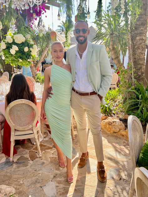 Ibiza wedding, mint green dress Men’s Garden Cocktail Attire, Green Couple Outfit Wedding, Couple Cocktail Attire, Beach Wedding Man Outfits, Couple Outfit For Wedding Guest, Tropical Semi Formal Outfit Men, Guys Cocktail Attire, Mint Green Couple Outfits, Beach Formal Men Wedding