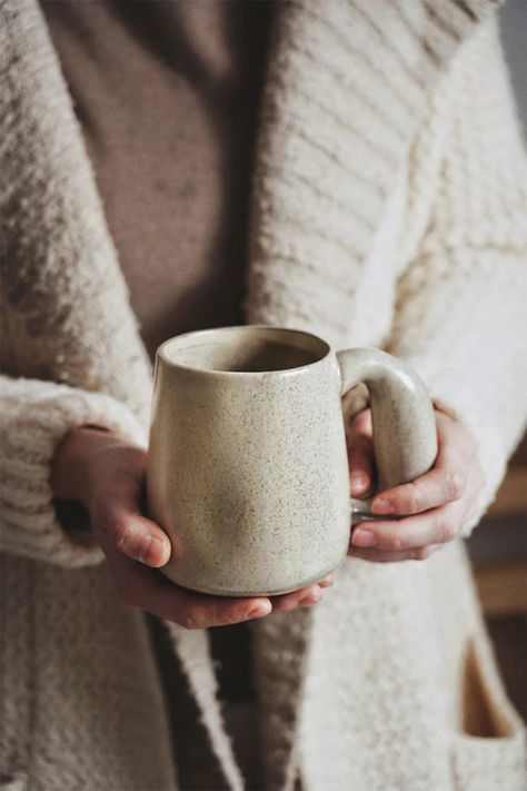 Cozy Hygge Vibes And Retro Style Pottery Ceramic Cup With Oversized Handle And Organic Shape Decor Big Mug Aesthetic, Coffee Mug Product Photography, Pottery Coffee Cup, Mugs Photoshoot, Mug Product Photography, Pottery Styles, Ceramics Aesthetic, Coffee Mugs Design, Coffee Bar At Home