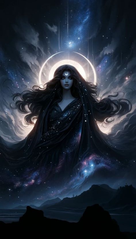 Goddess Of Time Fantasy Art, Night Goddess Art, Nyx Aesthetic Goddess, Nyx Drawing, Goddess Character Art, Female Goddess Art, Hecate Goddess Art, Nyx Goddess Aesthetic, Nyx Goddess Art