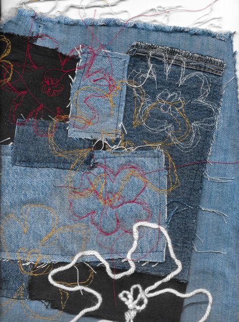 denim patchwork sample Denim Art Installation, Denim Manipulated, Manipulating Fabric Denim, Denim Textile Art, Denim Experimentation, Denim Mood Board, Denim Techniques, Denim Textiles, Denim Upcycle Clothing