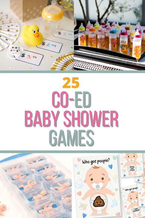 25 Co-Ed Baby Shower Games Baby Shower Games Gifts For Guests, Baby Shower Chugging Game, Any Shower Games, Kid Baby Shower Games, Find The Baby Shower Game, Gender Reveal Games Activities Funny, Baby Shoeer Games, Coed Shower Games, Baby Shower Gifts For Games Prize Ideas