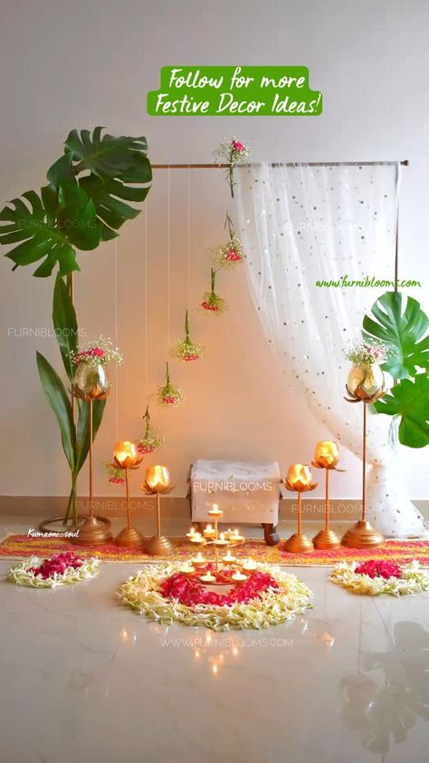 Mandir Decor, Ganpati Decoration Theme, Mandir Decoration, Simple Stage Decorations, Ganesh Chaturthi Decoration, Home Flower Decor, Ganpati Decoration At Home, Diy Floral Decor, Janmashtami Decoration