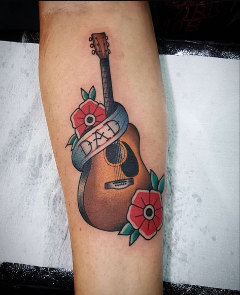 Traditional Piano Tattoo, Old School Guitar Tattoo, American Traditional Guitar Tattoo, Traditional Guitar Tattoo, Traditional Dad Tattoo, Gd Tattoo, Traditional Tattoo Music, Trumpet Tattoo, Piano Tattoo