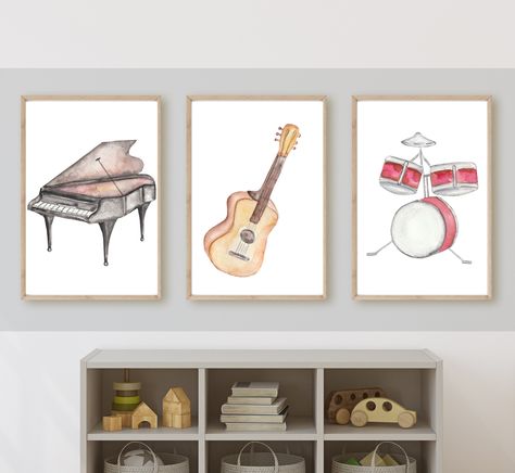 Musical instruments watercolor wall art, guitar, piano, drum set, gender neutral nursery bedroom wall art, 11x14, set of 3,digital download Music Nursery Theme, Guitar Nursery, Hp Nursery, Music Themed Nursery, Music Nursery, Newborn Room, Art Guitar, Baby Boy Room Decor, Baby Boy Room Nursery