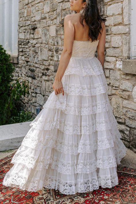 50s Wedding Dress with Tiered Lace Ruffles | Dear Saint Ruffled Off The Shoulder Wedding Dress, Ruffle Top Wedding Dress, Boho Ruffle Wedding Dress, 50s Lace Wedding Dress, Tiered Lace Wedding Dress Vintage, Vintage Spring Wedding Dress, Vintage Ruffle Wedding Dress, Ruffle Lace Wedding Dress, Simple Lace Wedding Dress Vintage