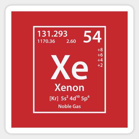 A dazzling Xenon design. Xenon is a chemical element with symbol Xe and atomic number 54. It is a colorless, dense, odorless noble gas found in the Earth's atmosphere in trace amounts. Although generally unreactive, xenon can undergo a few chemical reactions such as the formation of xenon hexafluoroplatinate, the first noble gas compound to be synthesized. Brought to you by Periodic-Tees.com -- Choose from our vast selection of stickers to match with your favorite design to make the perfect cust Xenon Element, Cedar City Utah, Earth's Atmosphere, Noble Gas, Atomic Number, Earth Atmosphere, Chemical Reactions, Science And Technology, Chemistry