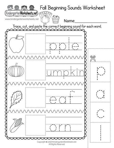 Free Printable Fall Beginning Sounds Worksheet Fall Phonics Activities Kindergarten, Phonics Practice Kindergarten, Fall Worksheets For Preschool Free Printables Autumn, Fall Lesson Plans For Preschool, Kindergarten Language Worksheets, Spelling Worksheets Kindergarten, Thanksgiving Worksheets Kindergarten, Kindergarten Fall Worksheets, Halloween Worksheets Kindergarten