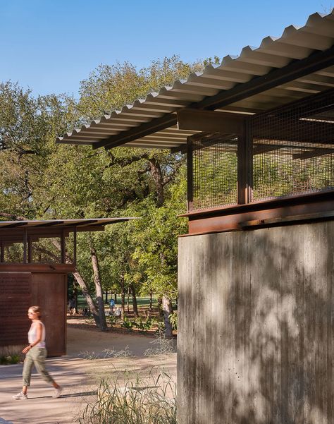 Kingsbury Commons at Pease Park | Clayton Korte | Archinect Social Architecture, Tudor Cottage, Rural Architecture, Arch Ideas, Weathering Steel, Public Market, Downtown Austin, Roof Structure, Beer Garden