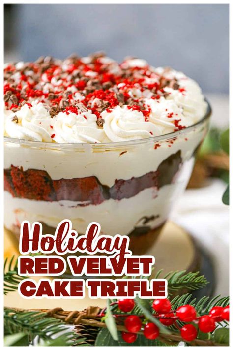 Red Velvet Cake Trifle Pound Cake Truffle Recipes, Red Velvet Truffle Cake, Red Velvet Trifle Desserts Christmas, Red Velvet Cake Trifle, Christmas Trifle Recipes Holidays, Angel Food Cake Trifle Recipes, Christmas Red Velvet Poke Cake, Mini Christmas Trifle, Little Debbie Christmas Tree Trifle