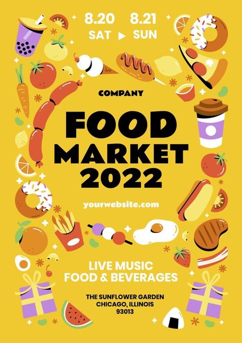 Hand-drawn Colorful Food Market Festival Poster Festival Drawing Ideas, Food Festival Design, Food Festivals Event, Food Festival Poster, Food Posters, Event Poster Template, Food Fest, Colorful Food, Graphic Identity