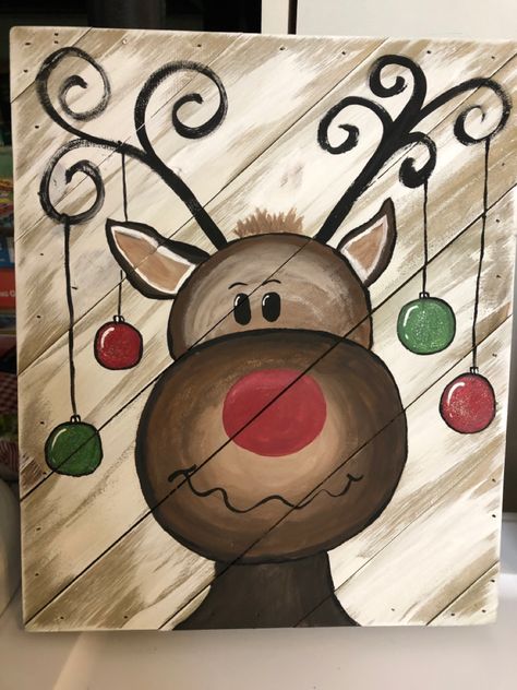 Rudolph Painting Canvas, Reindeer Christmas Painting, Reindeer Painting On Wood, Painted Reindeer Faces On Wood, Santa Painting On Wood, Easy Reindeer Painting, Winter Pallet Ideas, Christmas Pallet Painting, Easy Christmas Paintings On Wood