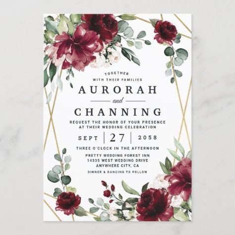 Navy Blue Burgundy Floral Gold Geometric Wedding Invitation | Zazzle.com Gold Greenery Wedding, Gold Engagement Party, Eucalyptus Green, Burgundy Wedding Invitations, Red Blush, Blush Gold, Greenery Wedding Invitations, Carton Invitation, Gold Wedding Invitations