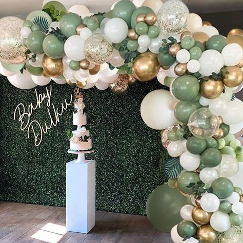 Sage Green Balloon Garland, Green Balloon Garland, Confetti Balloons Birthday, Baby Shower Balloon Decorations, 21st Birthday Decorations, Gold Confetti Balloons, Garland Arch, Green Balloon, 18th Birthday Party