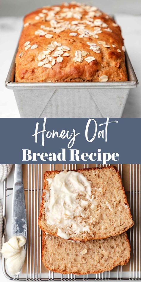 Honey oat bread is an easy, one-bowl bread recipe. This quick recipe makes a loaf of no-knead, soft honey oat bread with almost no prep! Honey Oat Wheat Bread, Oatmeal Wheat Bread Recipe, Soft Honey Oat Bread, No Knead Honey Oat Bread, No Knead Oat Bread, Honey Bread Recipe Easy, Oat Flour Recipes Bread, No Knead Oatmeal Bread, Vegan Oatmeal Bread