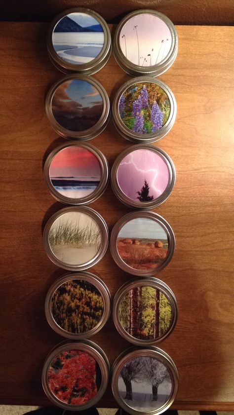 Put a picture in between the lid and the cap of mason jar lids for decoration Glass Jar With Lid Decorating Ideas, Jar Lid Painting, Lid Crafts, Eco Club, Jar Painting, Diy Magnets, Mason Jar Lid, Purple Yam, Canning Lids