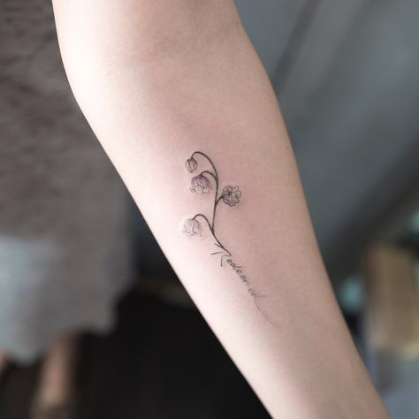 Lilyofthevalley Tattoo, Flower Tattoos Lily, Tattoos Lily Of The Valley, Tattoos Lily, Lily Tattoo Designs, Dainty Flower Tattoos, Lily Of The Valley Tattoo, Small Rib Tattoos, Valley Tattoo