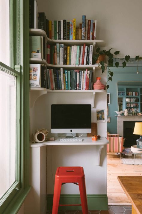 A Colorful Vintage Eclectic Home in England 16 Desk In A Bedroom Ideas, Cozy Bedroom Eclectic, Eclectic Vintage Interior, Cozy Vintage Eclectic, Eclectic Vintage Kitchen, Family Craft Room, Colorful Eclectic Home Kitchen, Living Room With Home Office, Colorful Vintage Home