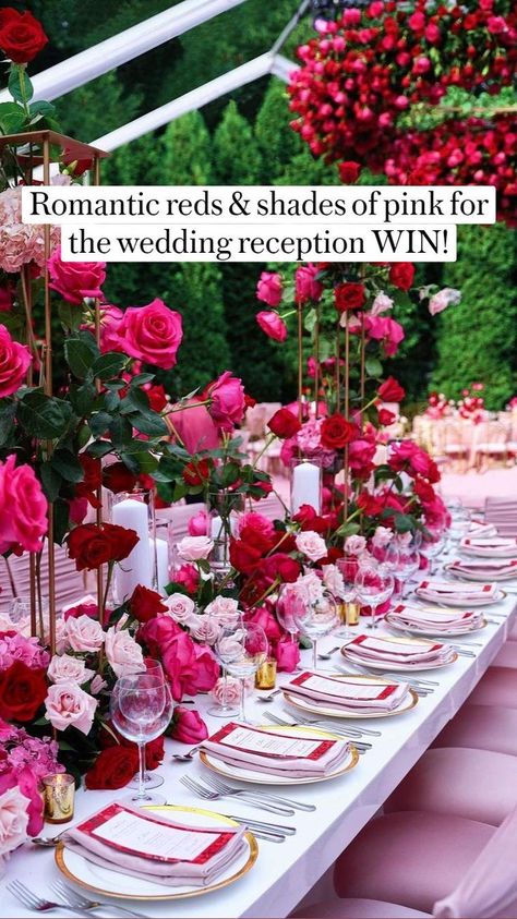 Romantic reds & shades of pink for the wedding reception WIN! in 2022 | Romantic wedding decor, Wedding flowers, Wedding decorations Rose Garden Party Ideas, Welcome Dinner Wedding Decor, Fushia Centerpieces Ideas, Round Flower Arrangements Shape, Pink And Red Decor Party, Hot Pink And Burgundy Wedding, Shades Of Pink Table Setting, Brunch Decorations Table Centerpieces, Pink Brunch Decorations