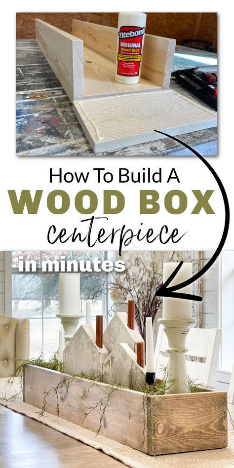 Building this DIY wood box out of scrap wood took me minutes. I'm using it as a centerpiece on my dining room table. Simple home decor in minutes! Learn how to make one for your home on my blog. Wood Box Centerpiece Ideas, How To Make Wood Crates, Wood Diy Home Decor, Diy Farmhouse Centerpiece For Table, 1x4 Wood Projects Diy, Dining Room Table Centerpiece Ideas Tray, How To Make A Wooden Box Diy, 2x4 Wood Crafts, Diy Wood Centerpieces