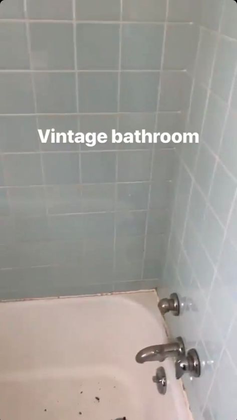 Change Tile Color, Grey Blue Tiles Bathroom, Update Old Tile Bathroom, Old Blue Bathroom Ideas, Small Blue Tile Bathroom, Tile Bathroom Walls Makeover, Mid Century Tiled Bathroom, Retro Blue Bathroom Update, Pink And Blue Vintage Bathroom