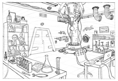 Lab Drawing, Mad Scientist Lab, Labs Art, Perspective Art, Background Drawing, Scene Design, Science Lab, Animation Background, Visual Development