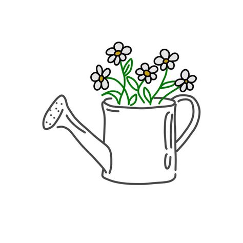 Watering can filled with daisies Flowers In Vase Sketch, Watering Can Outline, Flower Garden Doodle, Cute Daisy Drawing, Water Can Drawing, Easy Garden Drawing, Watering Can Doodle, Cute Frog Doodles, Gardening Doodles