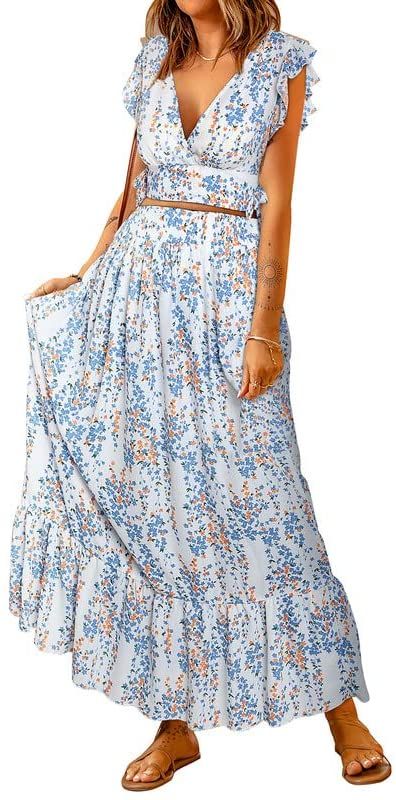 Amazon.com: Dokotoo Women's 2 Piece Skirt Sets Cap Sleeve Deep V Neck Boho Dress Ruffle Tiered Maxi Dress for Women Tie Waist Chiffon Flowy Beach Dresses Medium Multicolor : Clothing, Shoes & Jewelry Boho Family Pictures, Crop Top And Maxi Skirt, Ruffled Crop Top, Maxi Skirts Summer, Floral Print Maxi Skirt, Womens Boho Dresses, Romantic Floral Print, 2 Piece Skirt, Maxi Skirt Set