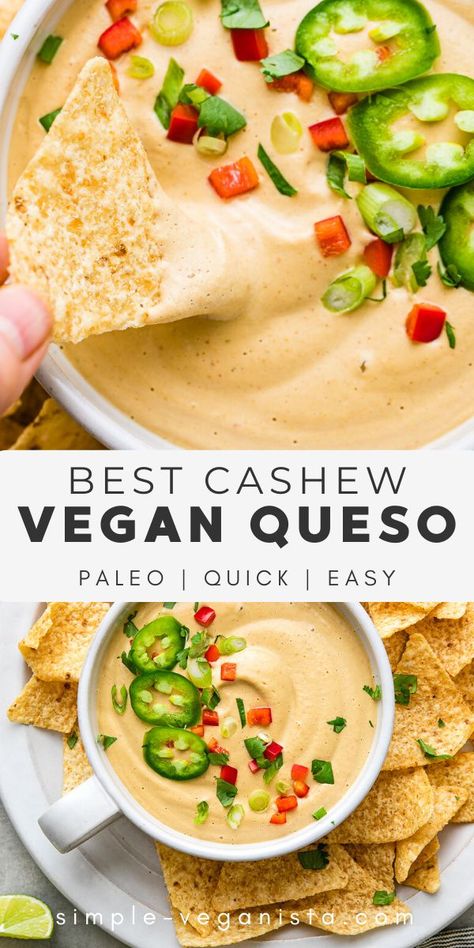 Healthy Vegan Superbowl Snacks, Cashew Queso Recipe, Vegan Dips For Chips, Vegan Cracker Dip, Vegan Dipping Sauce For Veggies, Cashew Queso Dip, Plant Based Queso Dip, Vegan Cheese Dip Easy, Nutritional Yeast Dip