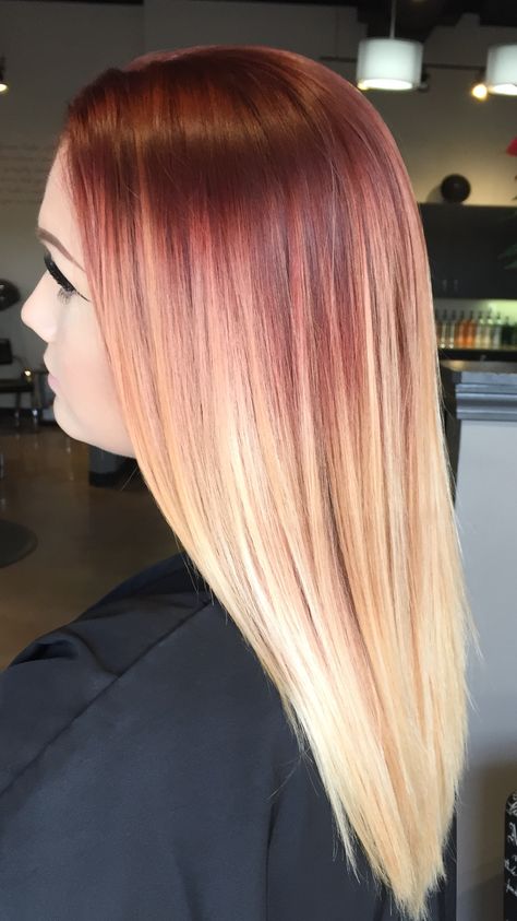 Red to blond balayage Red Roots And Blonde Hair, Root Melt Red To Blonde, Red To Blonde Ombre Hair Balayage, Red To Blonde Balayage, Blonde With Red Roots, Red Roots Blonde Hair Balayage, Red And Blonde Balayage, Blonde With Red, Blonde Red Balayage