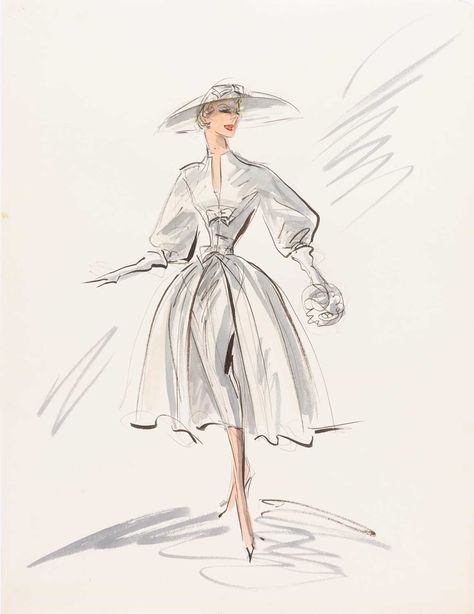 Lot 666 - A fine original Edith Head sketch for Grace Edith Head Sketches, Edith Head Designs, Edith Head Fashion, Head Sketch, Costume Design Sketch, Led Costume, Edith Head, Fashion Illustration Sketches Dresses, Sketches Dresses