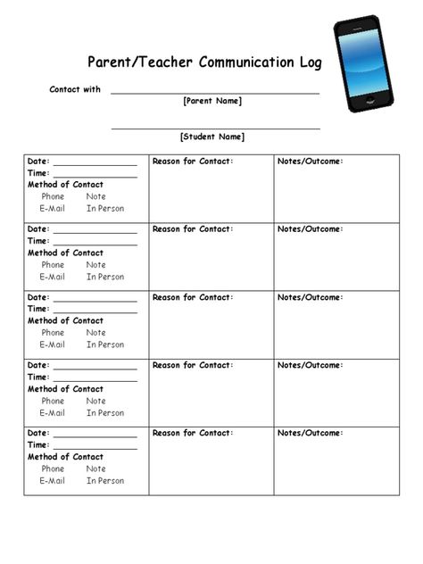 This parent-teacher communication log tracks contacts between a teacher and parent regarding a student over multiple dates. For each contact, it records the date, time, method of communication (phone, note, email, in person), the reason for contact, and any notes or outcomes. The log allows the teacher and parent to document their ongoing communication about the student's progress and needs. Teacher Parent Communication Ideas, Parent Teacher Documentation Form, Teacher Communication Log, Parent Contact Log, Teacher Documentation, Teacher Communication, Parent Teacher Meeting, Parent Teacher Communication, Communication Log