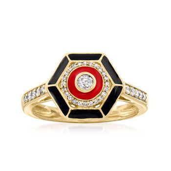 Ross-Simons - .20ct t.w. Diamonds, Multicolored Enamel Ring in 14kt Yellow Gold. Size 7. Our geometric ring sparkles with .20 ct. t.w. diamonds in white rhodium highlighted by red and black enamel details. Set in polished 14kt yellow gold. 3/8" wide. Diamond and multicolored enamel ring. Diamond birthstones are the perfect gift for April birthdays. Enamel Diamond Ring, Colorful Inspiration, April Birthday, Buckle Ring, Diamond Birthstone, Sparkling Rings, Geometric Ring, Enamel Ring, Wardrobe Style