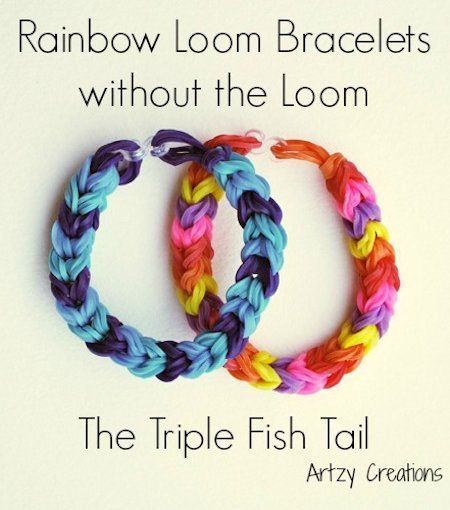 Triple Fish Tail Rainbow Loom Bracelet Without the Loom Fishtail Loom Bracelet, Rainbow Loom Fishtail, Rubberband Bracelets, Loom Tutorials, Loom Band Patterns, Rainbow Loom Bracelets Easy, Fishtail Bracelet, Rainbow Loom Tutorials, Loom Band Bracelets