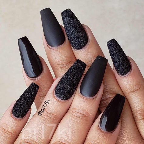 Black Glitter And Matte Nails, Sparkly Matte Black Nails, Black Matte Sparkle Nails, Matte Black And Maroon Nails, Matte Black Sweater Nails, Matte Black Glitter Nails, Matte Black Fall Nails, Matte Black Dip Nails, Black Matte Nails With Glossy Tips