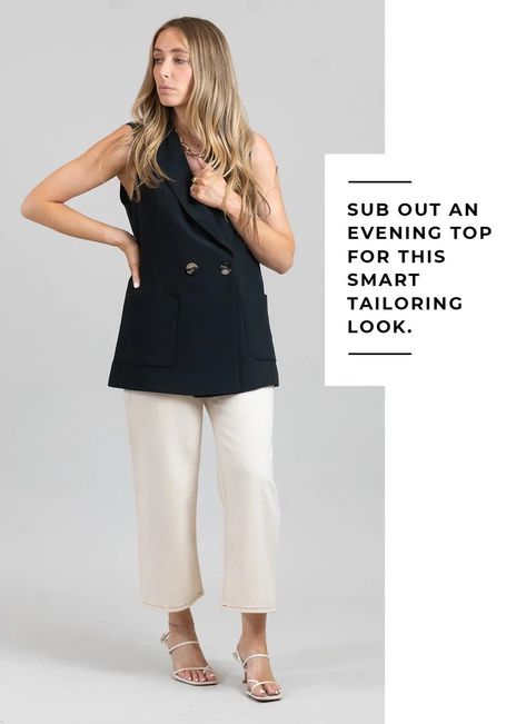 20 Sleeveless Blazers For Spring | SheerLuxe Black Sleeveless Jacket Outfit, Black Sleeveless Blazer Outfit, Sleeveless Jacket Outfit, Banker Outfits, Sleeveless Blazer Outfit, Outfit Petite, Vest Outfits For Women, Sleeveless Blazer, Classic Style Outfits