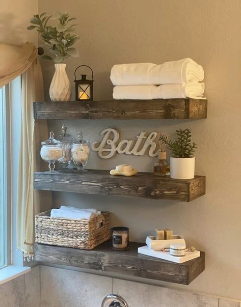 Rustic Garden Tub Decor Master Bath, Bathroom Wood Shelf Ideas, Over The Toilet Shelves Decor, Bathroom Small Shelf Decor, Restroom Floating Shelves Ideas, Restroom Shelf Decor Ideas, Small Bathroom Minimalist Decor, Bathroom Floating Shelves Over Tub, Bathroom Decor Ideas Above Toilet