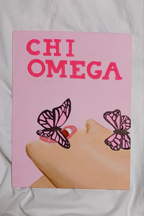 painting of woman with pink butterfly on tongue, in front of pink background with hot pink text at the top reading “chi omega” Sorority Canvas Butterfly, Pink Aesthetic Painting, Playboy Poster, Chi Omega Canvas, Sorority Canvas Paintings, Hot Pink Aesthetic, Painting Room Decor, Wellness Board, Big Little Basket