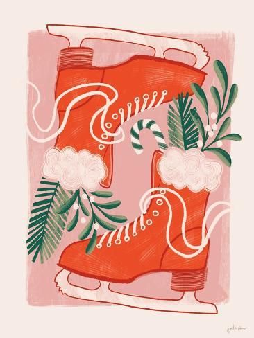 size: 12x9in Art Print: Retro Holiday II by Janelle Penner : Christmas Art Modern, Retro Christmas Painting, Whimsical Christmas Drawing, Christmas Art Nouveau, Folk Christmas Art, 70s Christmas Wrapping Paper, Colorful Christmas Art, Holiday Card Graphic Design, Retro Christmas Graphics