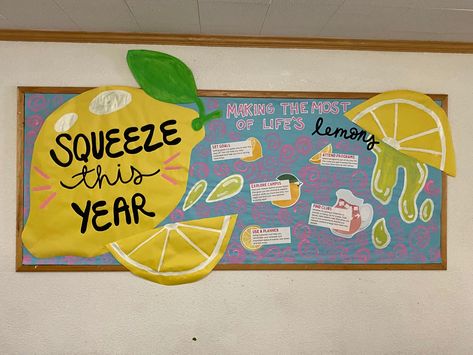 Cute Bulliten Boards For School, Lemon Board Ideas, Lemon Office Decor, Pun Bulletin Board Ideas, Dorm Floor Event Ideas, Community Resources Bulletin Board, Ra Summer Bulletin Boards, Back To School Ra Bulletin Boards, Bulliten Boards Ideas Aesthetic School