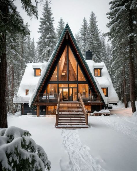 Scandinavian Wooden House, A Frame Cabin Interior, Natural Pathway, A Frame House Interior, Triangular House, Colorado Cabin, Cozy Cabin In The Woods, A Frame Cabin Plans, Snowy Cabin