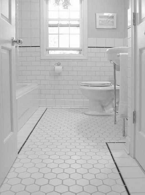 Vintage Bathroom Floor, Black And White Bathroom Floor, Small Bathroom Tiles, Small Bathroom Renovations, White Bathroom Tiles, White Tile Floor, Floor Tile Design, Patterned Floor Tiles, Bathroom Tile Designs