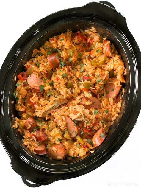 Slow Cooker Jambalaya has all the big flavor of the classic Louisiana dish with half the effort. BudgetBytes.com Crockpot Jambalaya, Quick Slow Cooker Meals, Easy Crockpot Recipes Healthy, Slow Cooker Jambalaya, Chicken Crockpot Recipes Healthy, Chicken Crockpot Recipes Easy, Delicious Slow Cooker Recipes, Skillet Dishes, Jambalaya Recipe