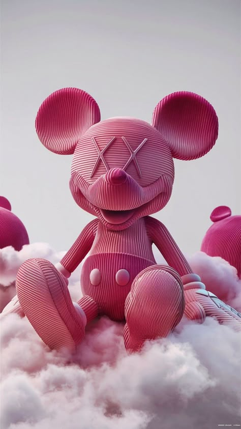 A striking conceptual art piece featuring a full-shot photo of a matte velvet corduroy gradient pink Mickey Mouse sculpture. The iconic chara  cter is designed in a unique collaboration with Kaws, who has added his signature 'x' eyes on Mickey's face. The sculpture sits gracefully atop clouds, surrounded by a pristine white background, emphasizing the gradient pink hues of the corduroy. This imaginative composition creates a subtle yet powerful statement on the fusion of classic and contemporary Imaginative Composition, Kaws Pink, Pink Mickey Mouse, Mouse Sculpture, Blue Marble Wallpaper, Kaws Wallpaper, Pineapple Wallpaper, Cute Backgrounds For Iphone, Jelly Wallpaper