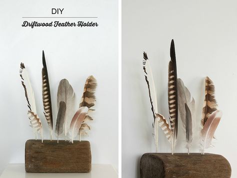 Driftwood Feather Holder - what a great way to display collected feathers. Crafts With Pheasant Feathers, Feather Holder, Feather Display, Diy Driftwood, Driftwood Projects, Feather Crafts, Pinterest Diy, Diy Holder, Feather Art