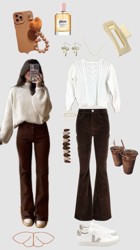 #myfirstshuffle | outfit | inspo | brown aesthetic | casual fit | fashion Brown Flare Pants Outfit, Aesthetic Brown Outfits, Outfit Inspo Brown, Brown Flare Pants, Brown Pants Outfit, Brown Outfits, Brown Flares, Aesthetic Brown, Brown Outfit