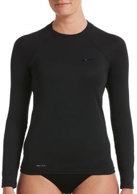 Nike Rashguard Swim Top. Boasting a reflective Nike logo, this swim top features long sleeves, a crew neck, and a fitted silhouette. Long Sleeve Swim, Rash Guard Women, Nike Swim, Swim Shirts, Women Essentials, Rash Guard, Wicks, Nike Tops, Black Nikes