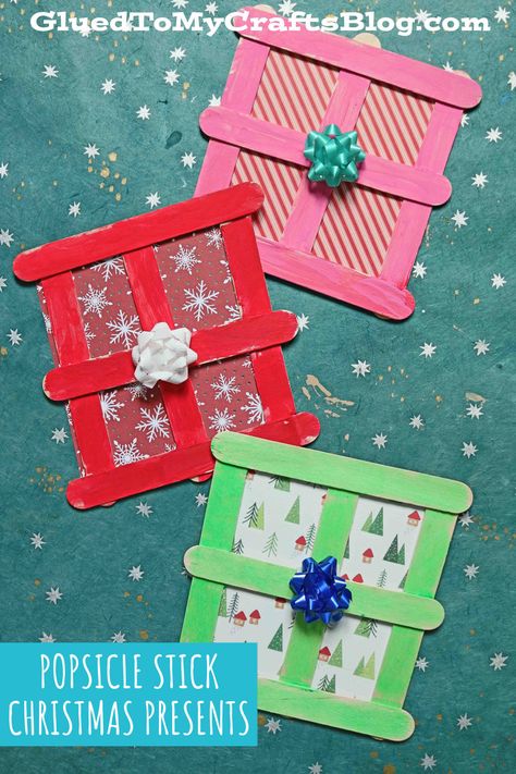 Christmas Craft Stick Ornaments, Christmas Ideas For Daycare Kids, Preschool Present Craft, Christmas Stick Crafts, Present Art For Kids, Christmas Tree Popsicle Sticks, Craft Stick Christmas Crafts, Winter Popsicle Stick Crafts, Christmas Present Craft Preschool